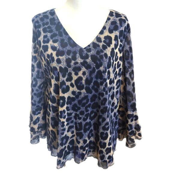 Blue black tan animal print flowy top - bell sleeve - v-neck - small - Picture 1 of 6